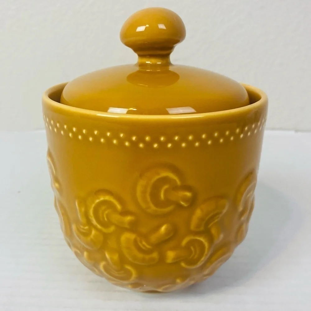 Pier 1 Mushroom Embossed Earthenware Canister W/ Lid 6” x 4.5”